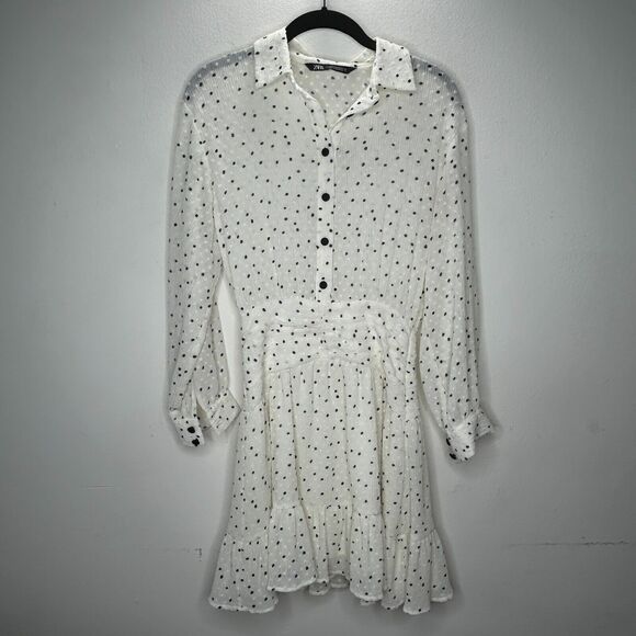 Zara Cream Black Dotted Swiss Long Sleeve 1/2 Button Collared Ruffle Hem Dress - Picture 4 of 14